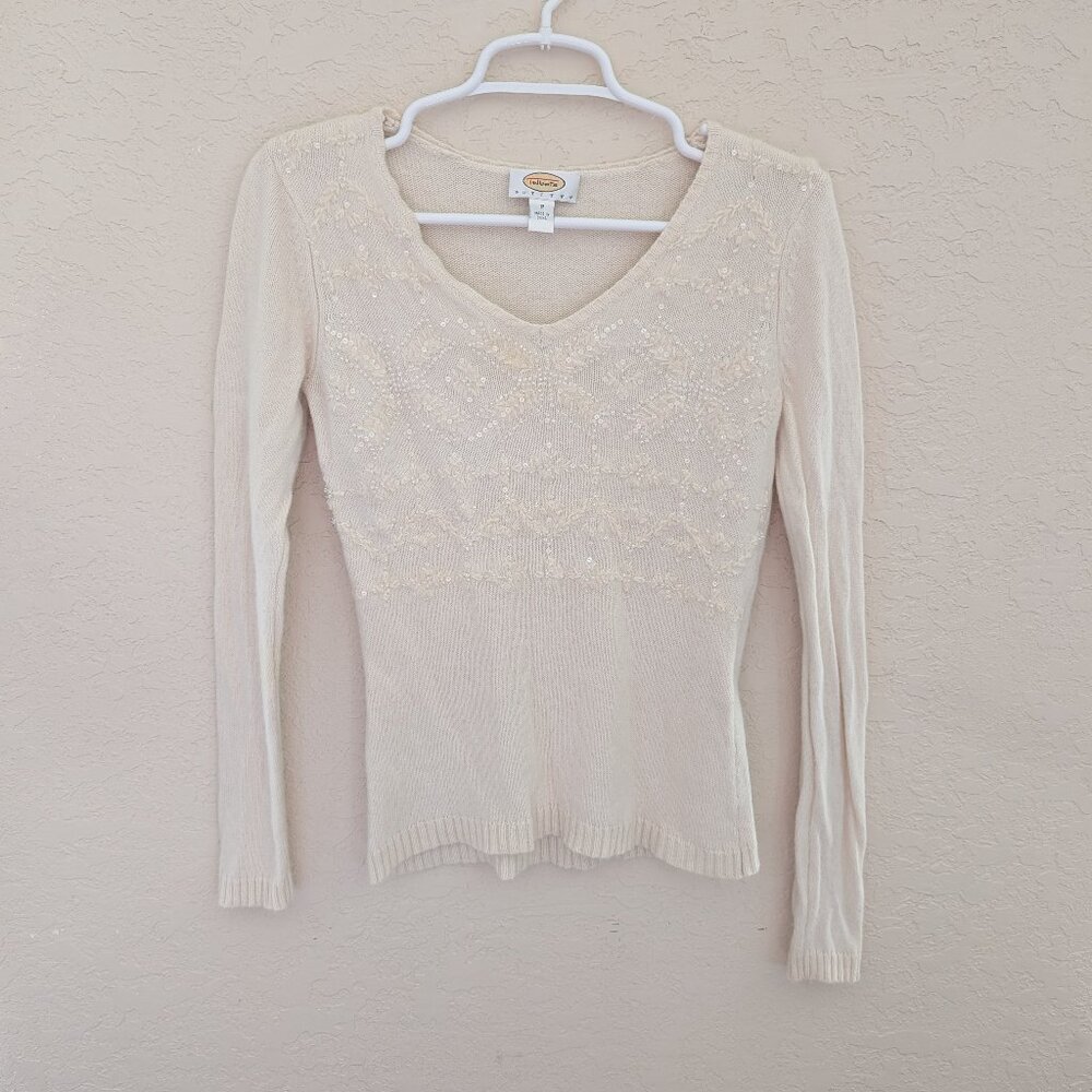 Vintage Talbots Sweater Beaded Wool Cashmere Cotton Knit Winter Snowflake Size P - Picture 1 of 7